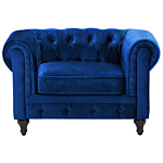 Chesterfield Living Room Set Blue Velvet Fabric Upholstery Dark Wood Legs 3 Seater Sofa + Armchair Contemporary Beliani