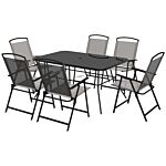 Outsunny 7 Pieces Metal Garden Furniture Set With Folding Chairs, Patio Dining Set, 6 Seater Outdoor Table And Chairs With Tempered Glass Top, Grey