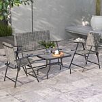 Outsunny 4 Pcs Patio Furniture Set W/ Breathable Mesh Fabric Seat, Backrest, Garden Set W/ Foldable Armchairs, Loveseat, Glass Top Table, Mixed Grey