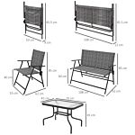 Outsunny 4 Pcs Patio Furniture Set W/ Breathable Mesh Fabric Seat, Backrest, Garden Set W/ Foldable Armchairs, Loveseat, Glass Top Table, Mixed Grey