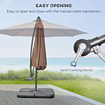 Outsunny 3(m) Garden Banana Parasol Cantilever Umbrella With Crank Handle, Cross Base, Weights And Cover For Outdoor, Hanging Sun Shade, Coffee