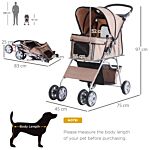 Pawhut Dog Pram Pet Stroller Foldable Dog Pushchair With Wheels Zipper Entry Cup Holder Storage Basket Brown