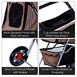 Pawhut Dog Pram Pet Stroller Foldable Dog Pushchair With Wheels Zipper Entry Cup Holder Storage Basket Brown