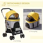 Pawhut Detachable Pet Stroller With Rain Cover, 3 In 1 Cat Dog Pushchair, Foldable Carrying Bag W/ Universal Wheels, Brake, Canopy, Basket