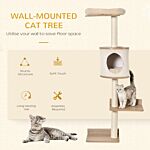Pawhut Cat Tree For Indoor Cats Wall-mounted Cat Shelf Shelter Kitten Perch Climber Furniture W/ Condo Bed Scratching Post – Beige