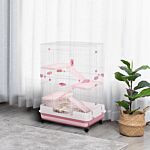 Pawhut Four-tier Small Animal Cage, For Bunnies, Ferrets, Chinchillas W/ Wheels, Tray - Pink