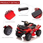 Homcom Kids Ride-on Four Wheeler Atv Car With Real Working Headlights, 6v Battery Powered Motorcycle For 18-36 Months, Red