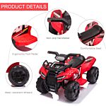 Homcom Kids Ride-on Four Wheeler Atv Car With Real Working Headlights, 6v Battery Powered Motorcycle For 18-36 Months, Red