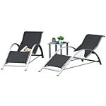 Outsunny 3 Pieces Lounge Chair Set Garden Outdoor Recliner Sunbathing Chair With Table, Black