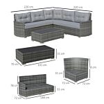 Outsunny 5-seater Outdoor Pe Rattan Sofa Set, Patio Wicker Sectional Conversation Aluminium Frame Corner Sofa Set W/ Padded Cushion, Mixed Grey