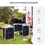 Outsunny Folding Camping Kitchen Cooking Table With Windscreen, Enclosed Cupboards, Aluminium Frame For Bbq, Party, Picnic