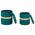 Set Of 2 Pouffes Cream Teal Green Velvet Rattan Bands Modern Boho Internal Storage Living Room Bedroom Beliani