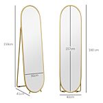 Homcom 40 X 160cm Full Length Mirror, Floor Standing, Wall-mounted Or Leaning Against Wall Tall Mirror With Support Frame, Oval Full Body Mirror For Bedroom, Living Room, Gold Tone