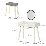 Homcom Dressing Table Set With Round Mirror Vanity Table Set W/ Makeup Desk, Cushioned Stool, 2 Drawers For Jewelry Storage, White