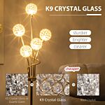 Homcom Crystal Floor Lamps For Living Room Bedroom With 5 Light, Modern Upright Standing Lamp, 34x25x156cm, Gold Tone