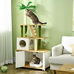 Pawhut Cat Tree With Hidden Litter Box Enclosure, 2 In 1 Green Leaf Cat Tower Litter Box Furniture With House, Ladder, Scratching Posts And Platforms, For Indoor Use, Oak