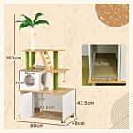 Pawhut Cat Tree With Hidden Litter Box Enclosure, 2 In 1 Green Leaf Cat Tower Litter Box Furniture With House, Ladder, Scratching Posts And Platforms, For Indoor Use, Oak