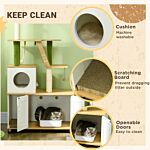 Pawhut Cat Tree With Hidden Litter Box Enclosure, 2 In 1 Green Leaf Cat Tower Litter Box Furniture With House, Ladder, Scratching Posts And Platforms, For Indoor Use, Oak