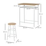 Homcom Bar Table Set, Bar Set-1 Bar Table And 2 Stools With Metal Frame Footrest And Storage Shelf For Kitchen, Dining Room, Pub, Cafe, White And Oak