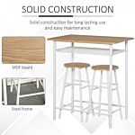 Homcom Bar Table Set, Bar Set-1 Bar Table And 2 Stools With Metal Frame Footrest And Storage Shelf For Kitchen, Dining Room, Pub, Cafe, White And Oak
