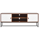 Tv Stand Dark Wood With White Metal Legs Rectangular For Up To 75ʺ Tv Media Unit With Shelves Doors Cable Management Living Room Furniture Beliani