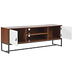 Tv Stand Dark Wood With White Metal Legs Rectangular For Up To 75ʺ Tv Media Unit With Shelves Doors Cable Management Living Room Furniture Beliani