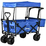 Outsunny Folding Trolley Cart Storage Wagon Beach Trailer 4 Wheels With Handle Overhead Canopy Cart Push Pull For Camping, Blue