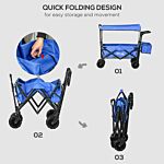 Outsunny Folding Trolley Cart Storage Wagon Beach Trailer 4 Wheels With Handle Overhead Canopy Cart Push Pull For Camping, Blue