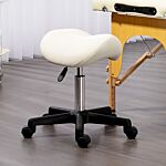 Homcom Saddle Stool, Pu Leather Adjustable Rolling Salon Chair With Steel Frame For Massage, Spa, Beauty And Tattoo, White