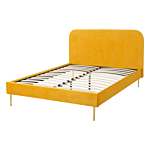 Bed Yellow Velvet Upholstery Eu Double Size Golden Legs Headboard Slatted Frame 4.6 Ft Minimalist Design Beliani