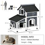 Pawhut Wooden Cat House Outdoor With Flower Pot, 2 Tiers Cat Shelter With Window, Multiple Entrances, Water-resistant Roof, Grey