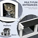 Pawhut Wooden Cat House Outdoor With Flower Pot, 2 Tiers Cat Shelter With Window, Multiple Entrances, Water-resistant Roof, Grey