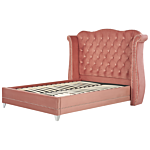 Bed Frame Pink Velvet Eu King Size 5ft3 Slatted Base Button Tufted Headboard Nailhead Trim Beliani