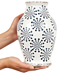 Flower Vase White And Blue Stoneware Waterproof Distressed Look Dot Pattern Retro Design Beliani