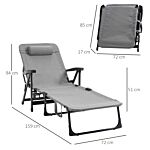 Outsunny Folding Sun Lounger, Mesh Fabric Chaise Lounge Chair, 7-reclining Position Sleeping Bed With Pillow & Cup Holder For Poolside, Light Grey