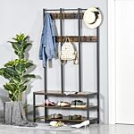 Homcom Coat Rack Stand, Free Standing Hall Tree, Coat Stand With Hooks, Bench And Shoe Rack, 100cm X 40cm X 184cm, Rustic Brown And Black