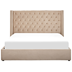 Bed Frame With Storage Beige Velvet Upholstered 6ft Eu Super King Size High Headboard Beliani