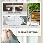 Pawhut Bird Stand With Four Wheels, Perches, Stainless Steel Feed Bows, Round Tray, For Garden, Indoor, Outdoor - White