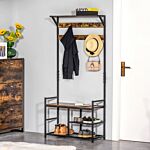 Homcom Coat Rack Coat Stand Shoe Storage Bench With 9 Hooks Shelves For Bedroom Living Room Entryway Brown And Black 180cm