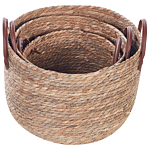 Set Of 3 Storage Baskets Natural Seagrass With Pu Leather Handles Boho Style Beliani