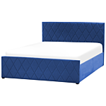 Storage Bed Blue Velvet Upholstery Eu Double Size 4ft6 With Slatted Base Diamond-tufted Headboard Beliani