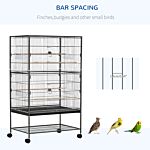 Pawhut Large Bird Cage Budgie Cage For Finch Canaries Parakeet With Rolling Stand, Slide-out Tray, Storage Shelf, Food Containers, Dark Grey