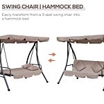 Outsunny Outdoor 2-in-1 Patio Swing Chair Lounger 3 Seater Garden Swing Seat Bed Hammock Bed Convertible Tilt Canopy W/ Cushion, Beige