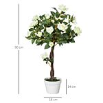 Outsunny 90cm/3ft Artificial Rose Tree Fake Decorative Plant W/ 21 Flowers Pot Indoor Outdoor Faux Decoration Home Office Décor White & Green