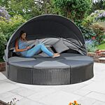 Outsunny 4 Pieces Pe Rattan Garden Daybed Set, Outdoor Wicker Cushioned Round Sofa Bed Conversation Furniture With Coffee Table & Canopy, Black