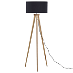 Floor Lamp Black With Light Wooden Frame 140 Cm Fabric Drum Shade Tripod Modern Design Beliani