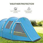 Outsunny 3-4 Man Tunnel Tent, Two Room Camping Tent With Windows And Covers, Portable Carry Bag, For Fishing, Hiking, Sports, Festival - Blue