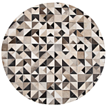 Rug Grey And Beige Leather 140 Cm Modern Patchwork Hand Woven Round Carpet Beliani