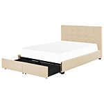 Eu Double Size Bed Beige Fabric 5ft3 Upholstered Frame Buttoned Headrest With Storage Drawers Beliani