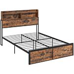 Homcom Industrial Double Bed Frame, 4.8ft Steel Bed Base W/ Storage Headboard, Footboard, Under Bed Storage, 145 X 209cm, Rustic Brown